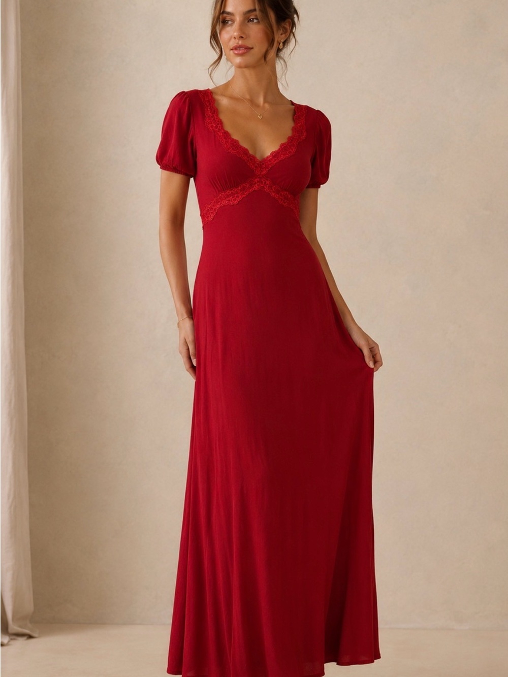The Workshop Red Lace Trim Maxi Dress Puff Sleeve Boho Cottagecore Size L NWT
